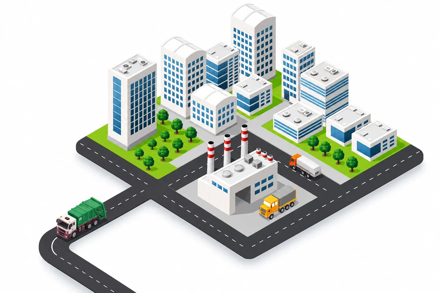 Ilustração isométrica de uma cidade com prédios, praças, uma fábrica e caminhões de serviço